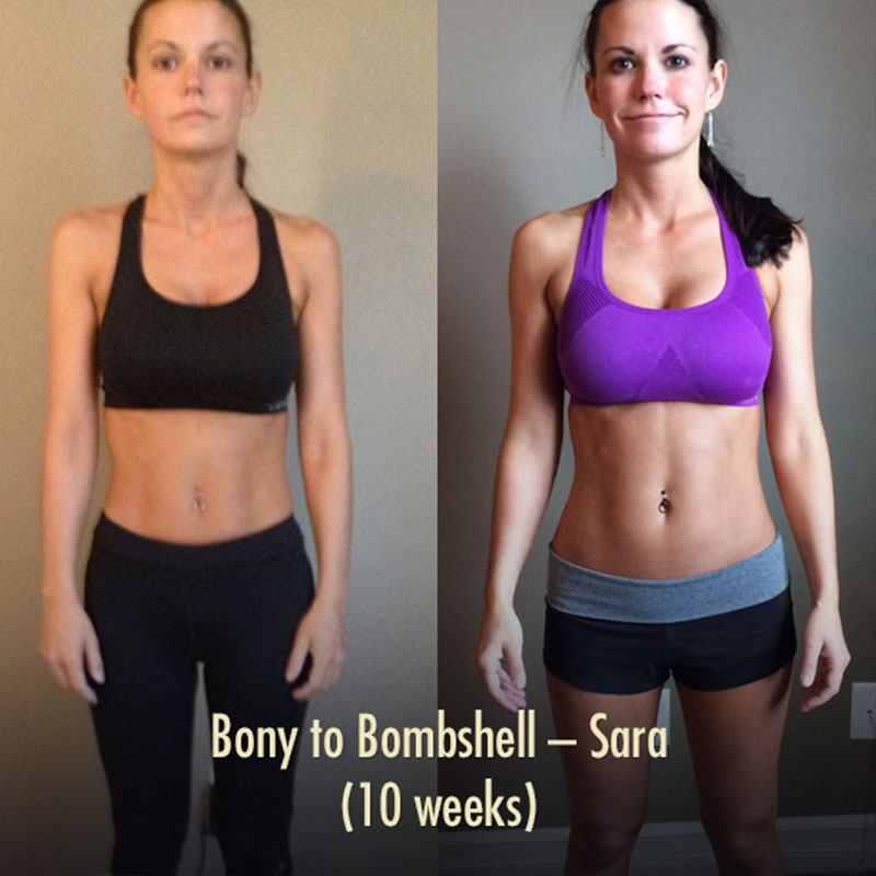 Before and after photo of a woman's muscle-building results.