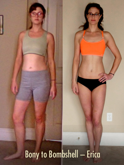 Before and after photo showing a woman going from skinny-fat to lean and muscular.