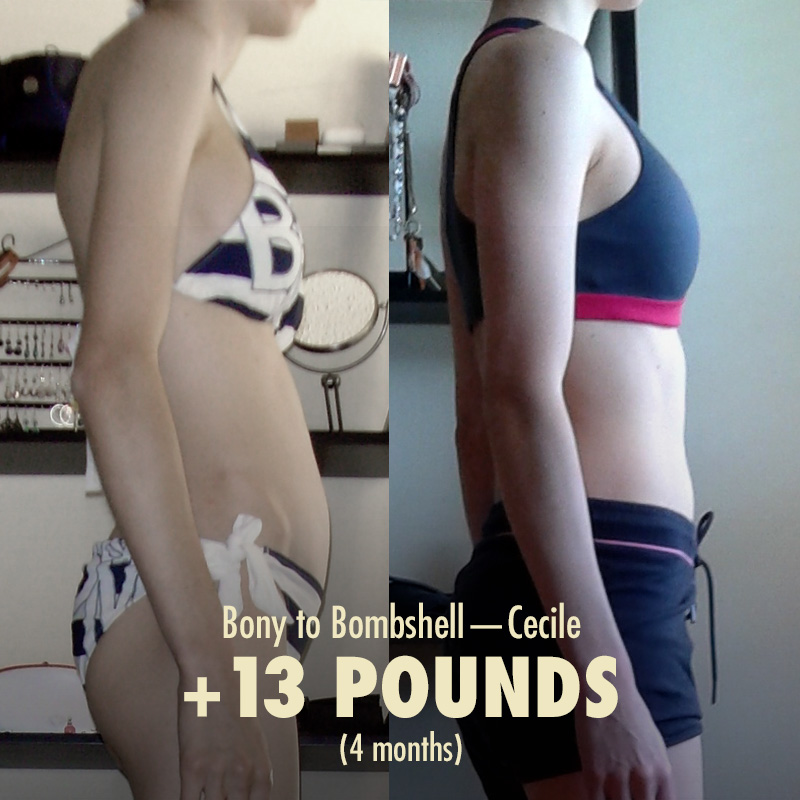 Before and after progress photos of a woman building muscle and gaining weight by lifting weights.