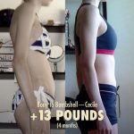 Before and after photo of a woman's weight gain transformation
