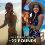 Before and after photo of Cassandra González Duquette building muscle and gaining weight.