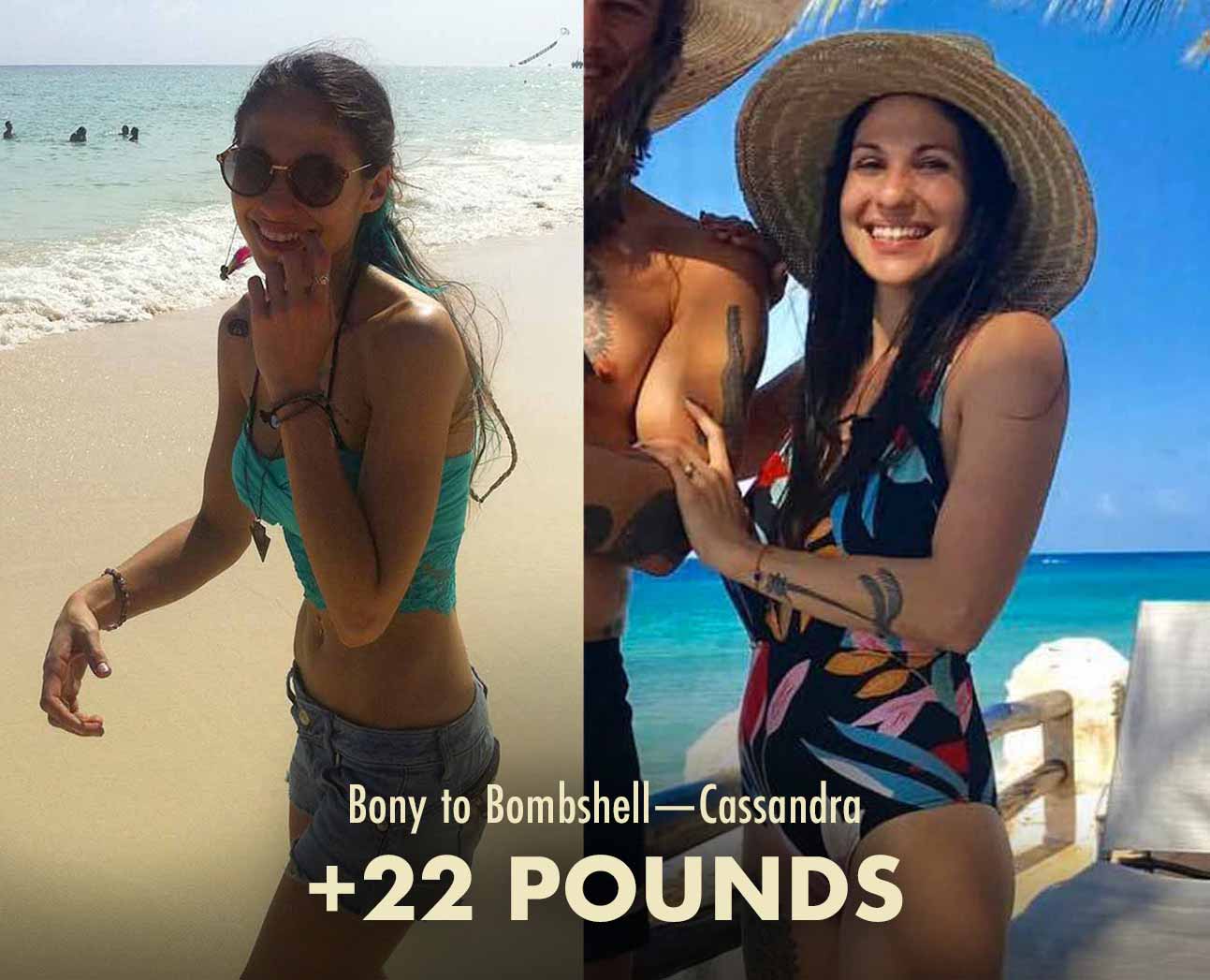Before and after photo of Cassandra González Duquette building muscle and gaining weight.