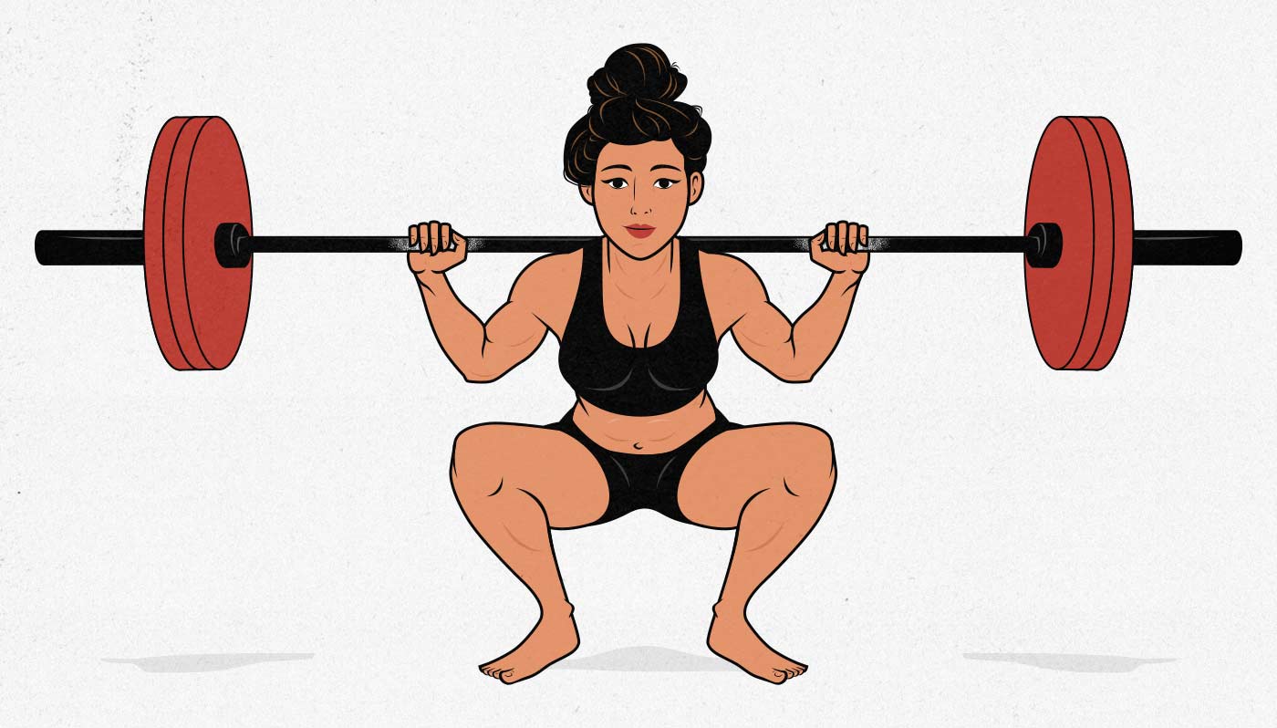 Illustration of a woman doing a barbell back squat.