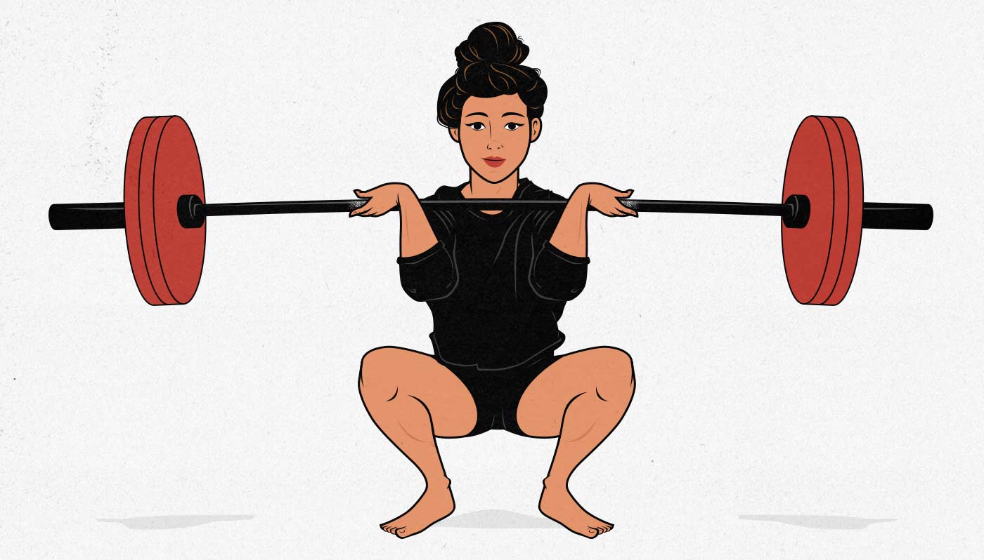 Illustration of a woman doing a barbell front squat.