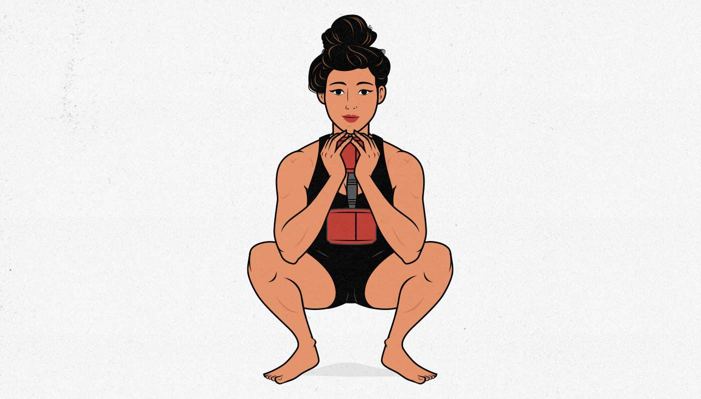 Illustration of a woman doing a dumbbell goblet squat.