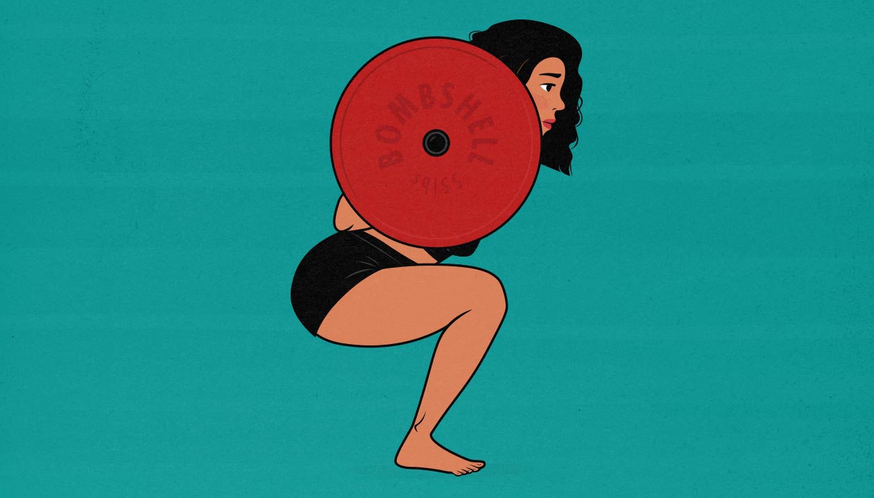 Illustration of a woman doing barbell back squats to gain muscle and strength.