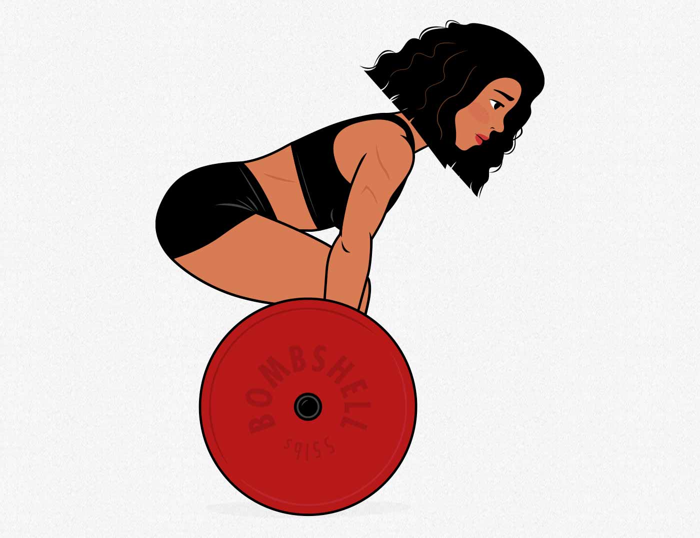 Bony to Bombshell illustration of a woman doing barbell deadlifts to build bigger hips and gain strength.