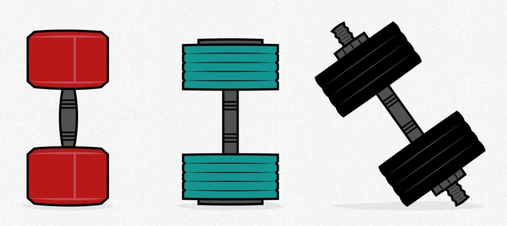 Illustration of fixed-weight and adjustable dumbbells for a women's home gym.