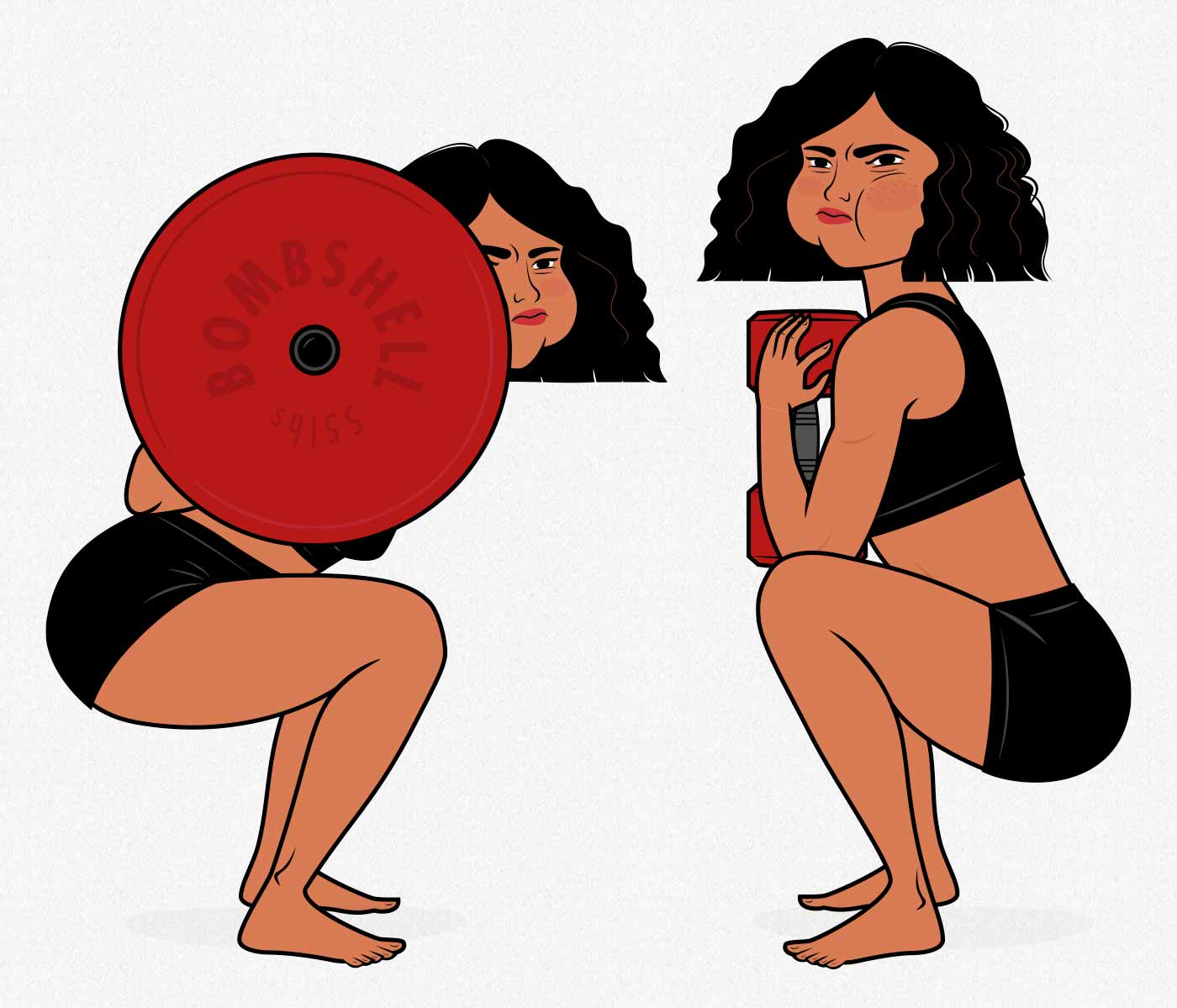 Illustration of women using a barbell or dumbbell home gym to gain muscle and strength at home.
