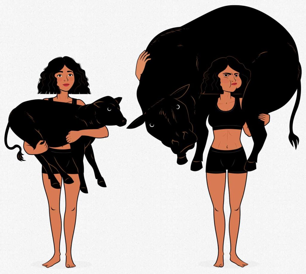 Illustration of a woman lifting a bull, illustrating the principle of progressive overload.