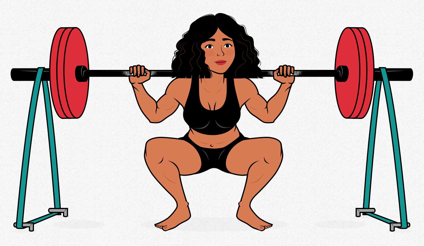 Illustration of a woman doing barbell back squats with resistance bands to build muscle.