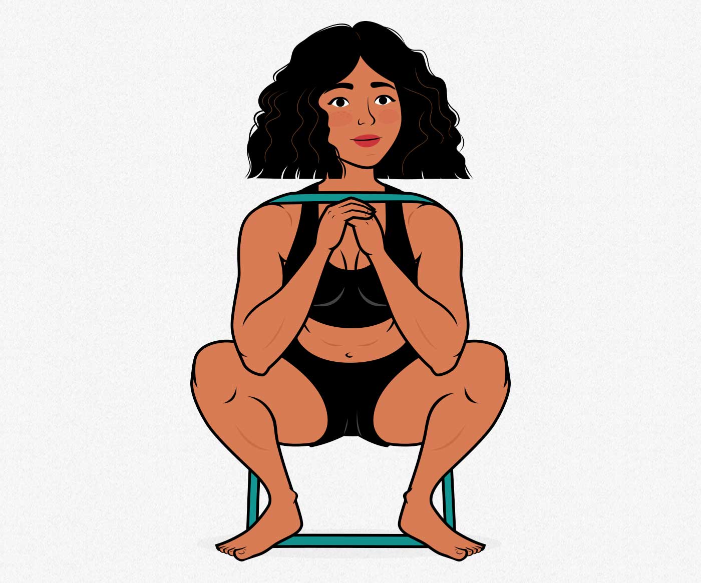 Illustration of a woman squatting with  resistance bands to gain muscle and strength.