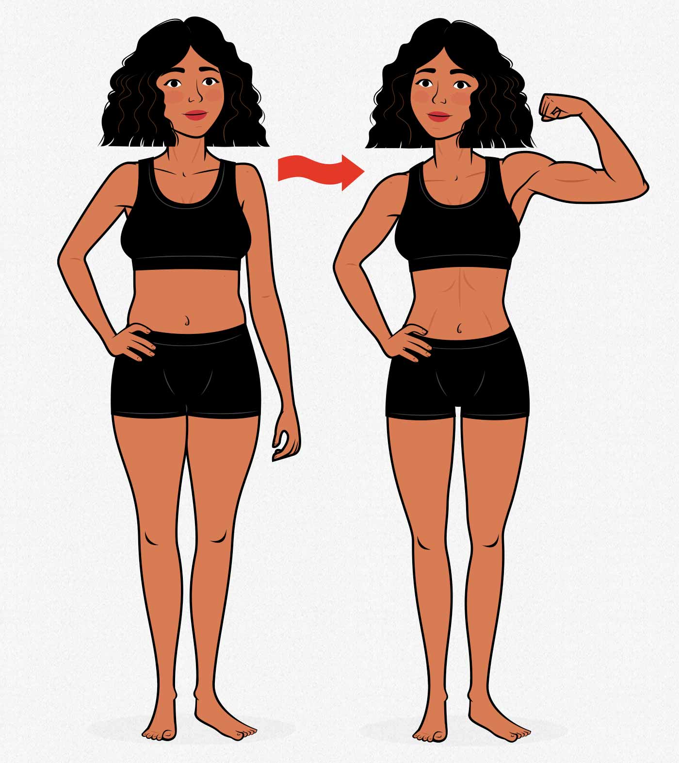Before and after illustration showing a skinny-fat woman becoming lean and strong.