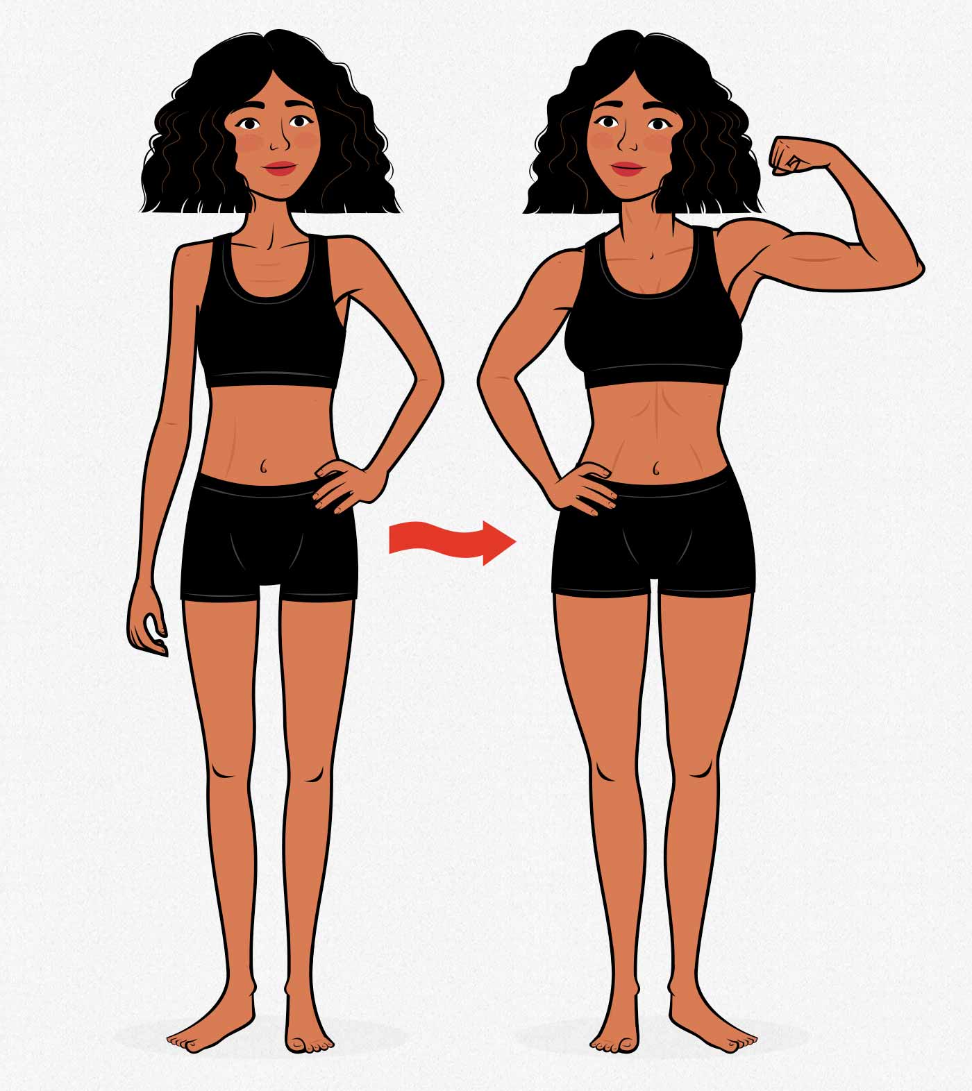 Illustration of a thin woman gaining weight and building muscle.