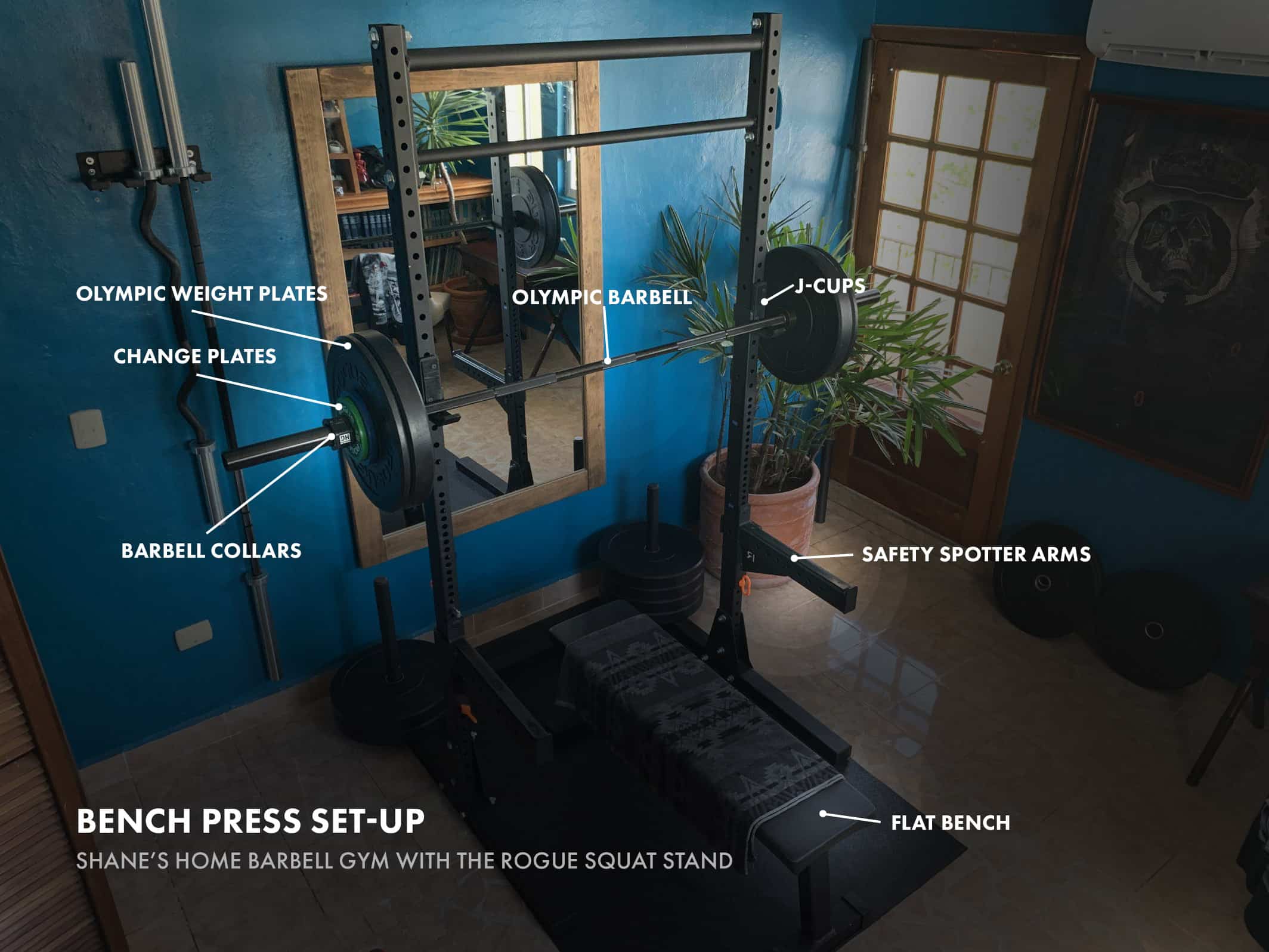 Bench Press Home Gym Set-up with Rogue Equipment—Barbell, J-cups, collars, flat bench, weights, etc.