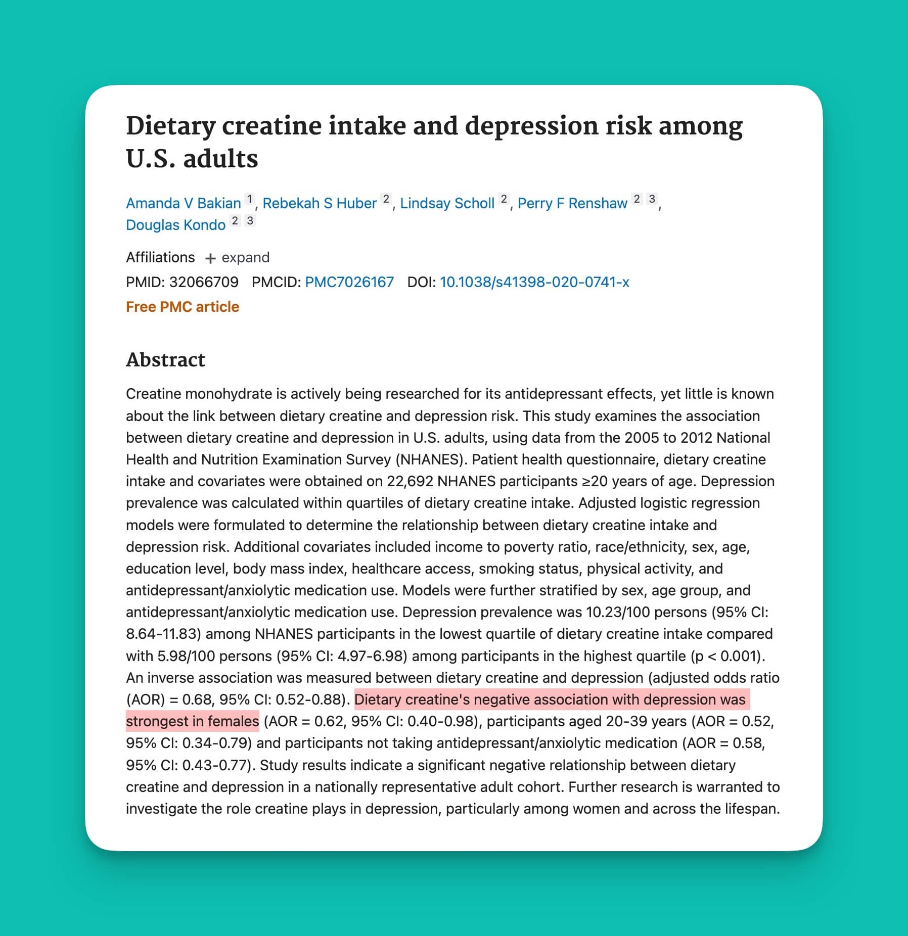 Dietary Creatine And Women Depression Female USA