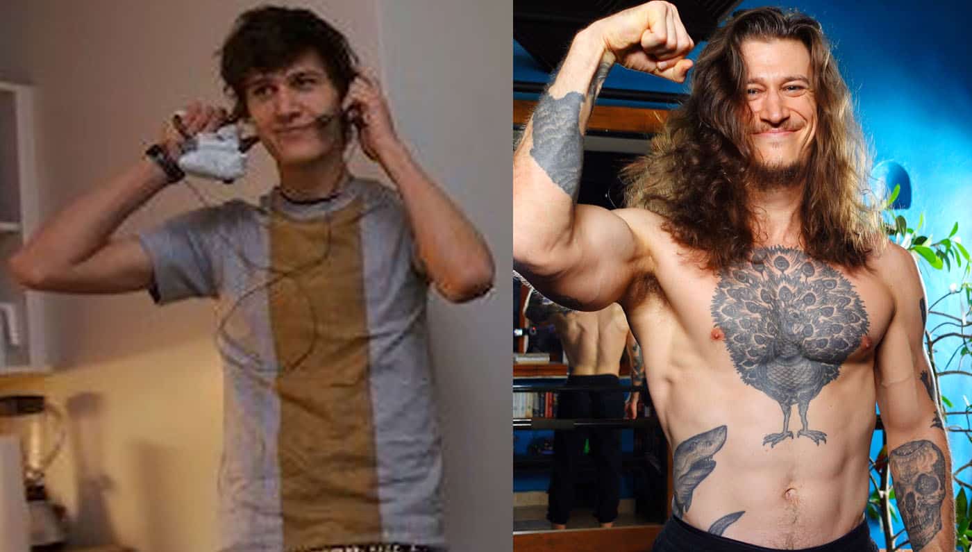 Before and after photo showing Shane Duquette gaining 70 pounds.